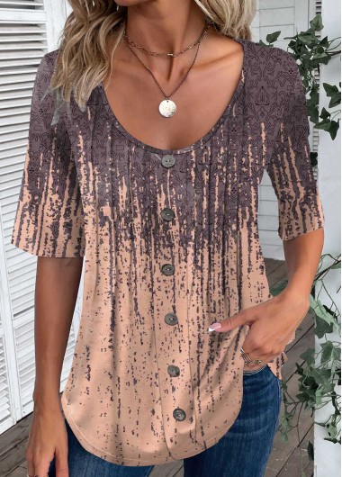 Modlily Dusty Pink Button Tribal Print T Shirt