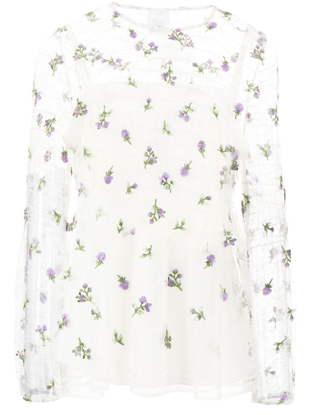 Sheer floral-embroidered blouse - White