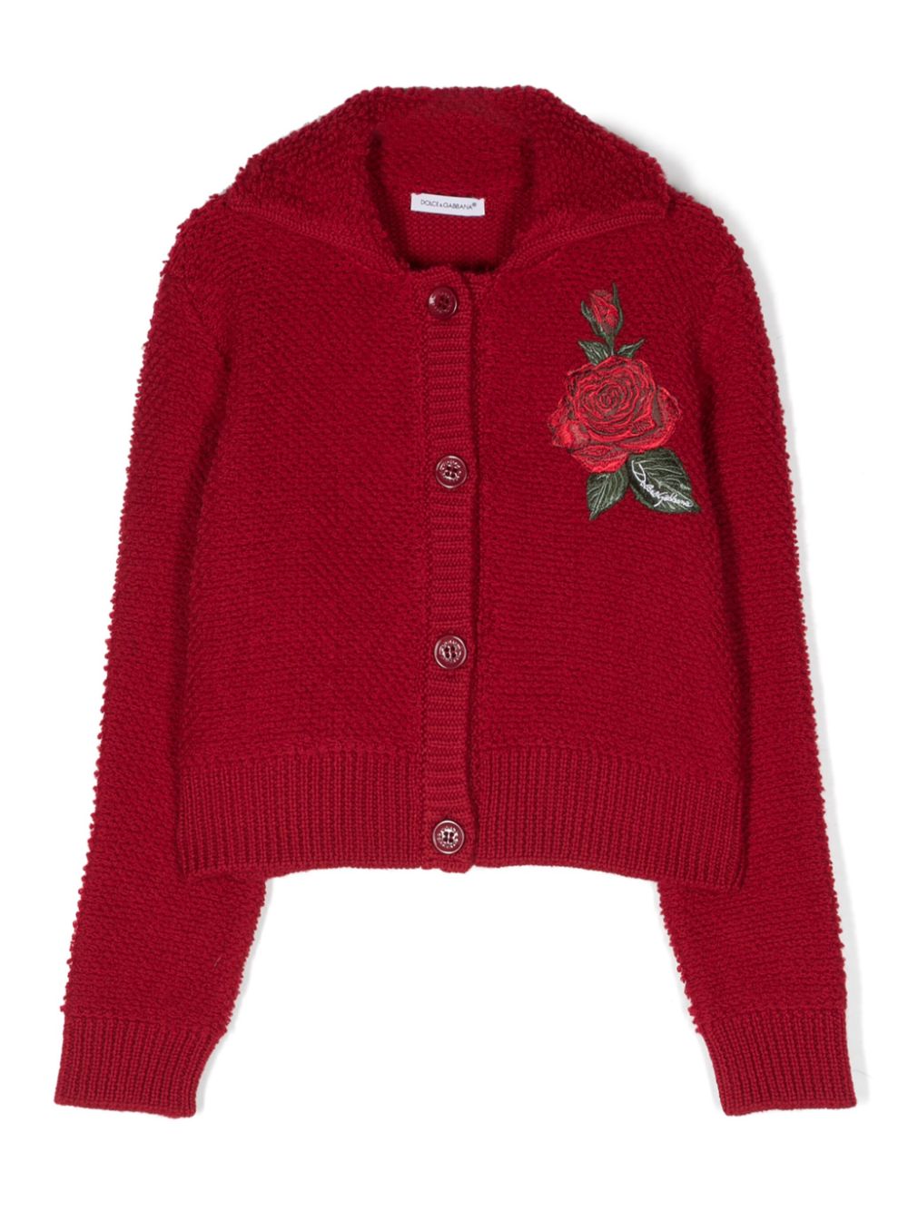 Rose-embroidered spread-collar cardigan