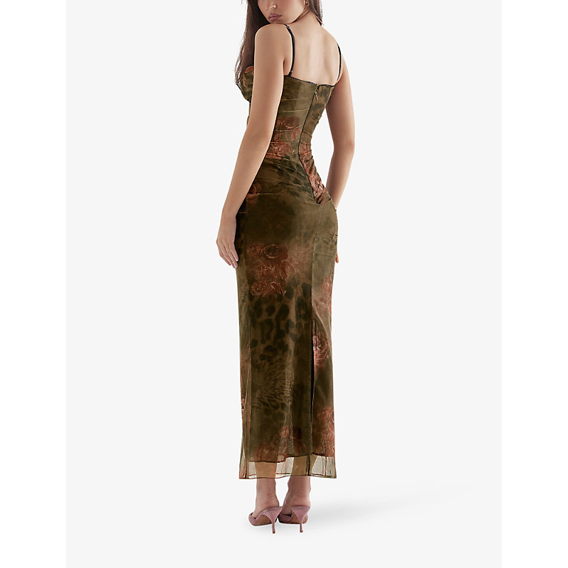 Womens Printed Nalini Floral and Leopard-print Stretch-mesh Midi Dress