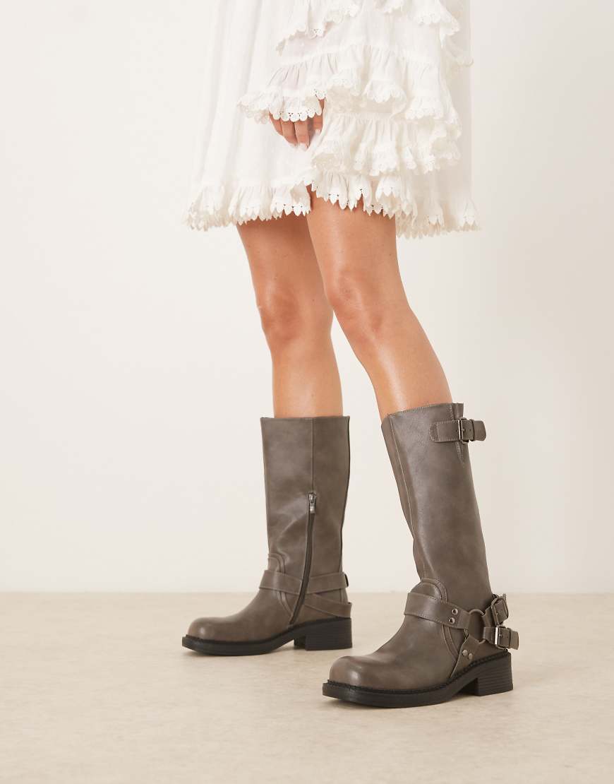 Harness biker knee boots in washed grey