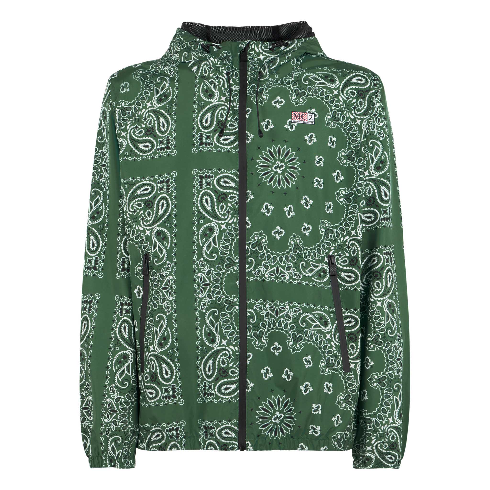 Man Hooded Lightweight Windbreaker With Bandanna Print Green Jacket - Men