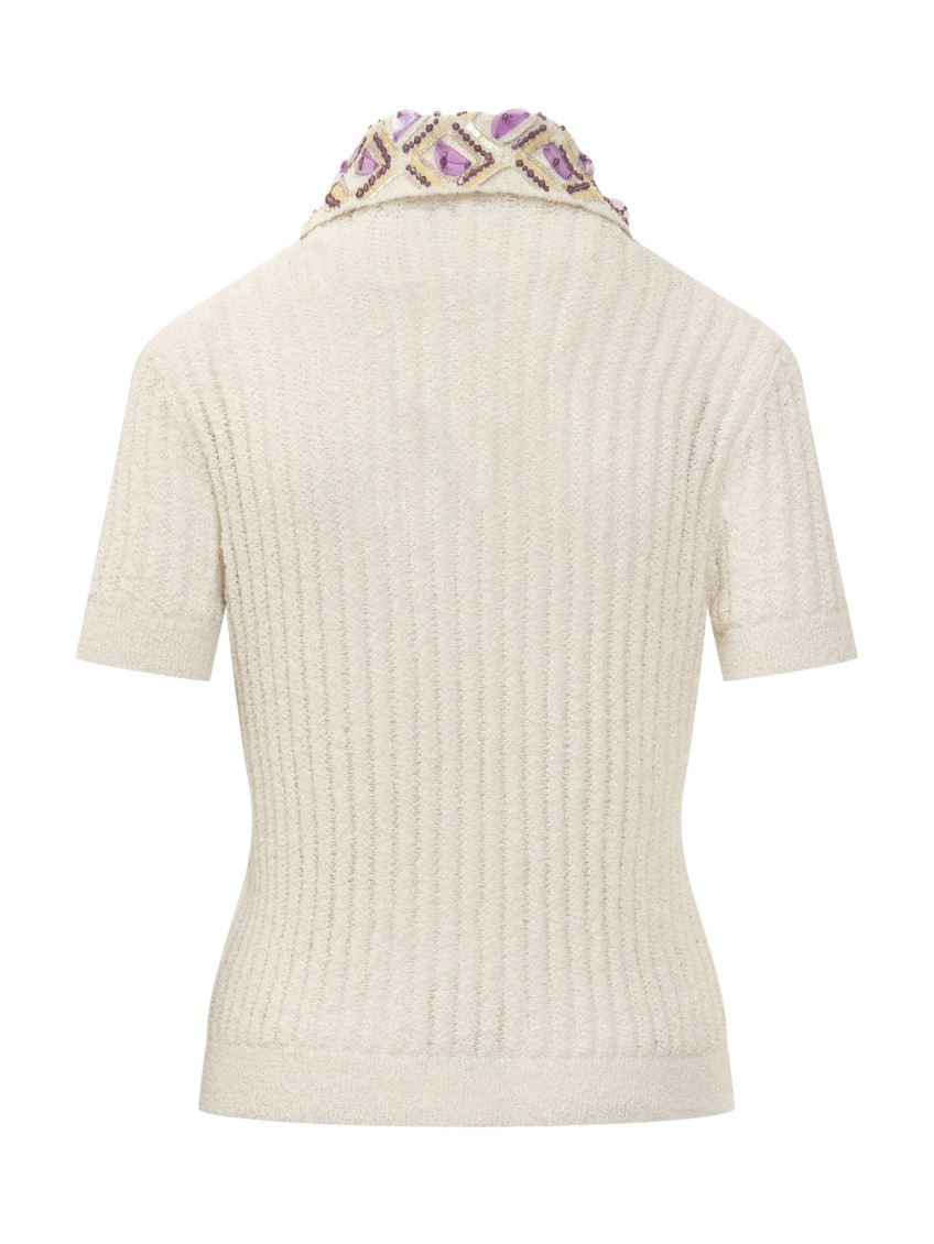 White Embellished Shirt Collar Polo