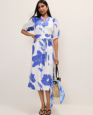 Ann Taylor Petite Floral Puff Sleeve Midi Dress in Linen