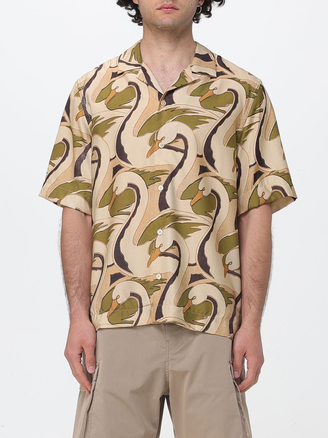 Swan Print Short Sleeved Regular Fit Button Down Shirt