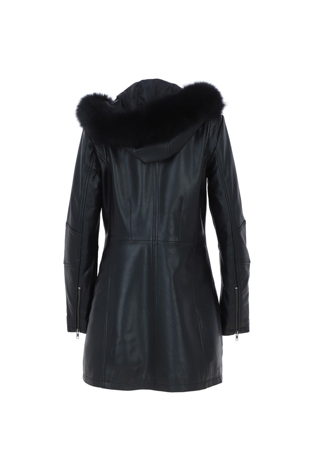 Ashwood Leather Women's Detachable Fur Hood Long Leather Jacket in Black