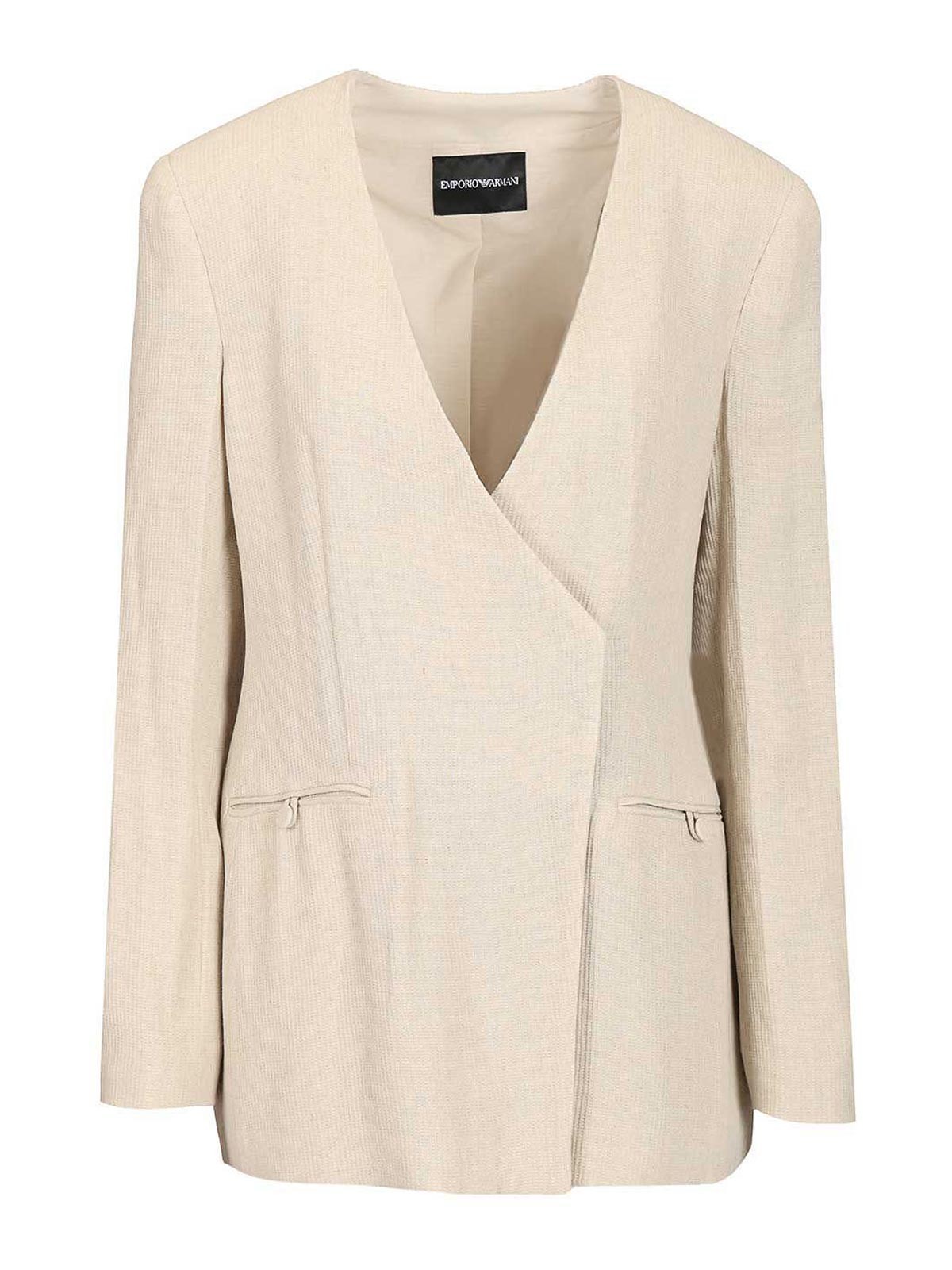 Beige Solid V Neck Blazer