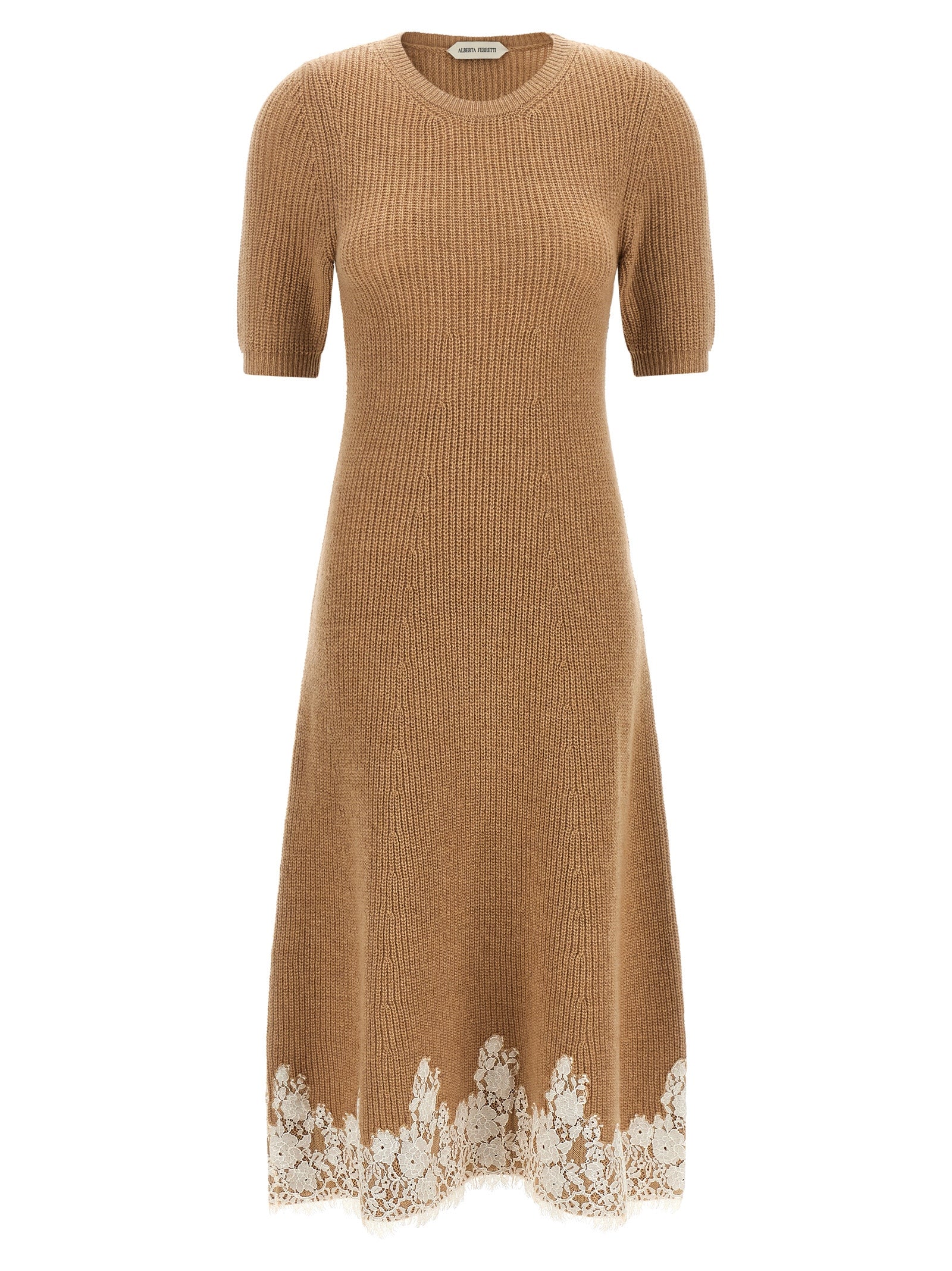 Cashmere Ribbed Knit with Lace Hem Dress — Brown