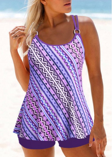 Modlily Metal Ring Geometric Print Purple Tankini Top