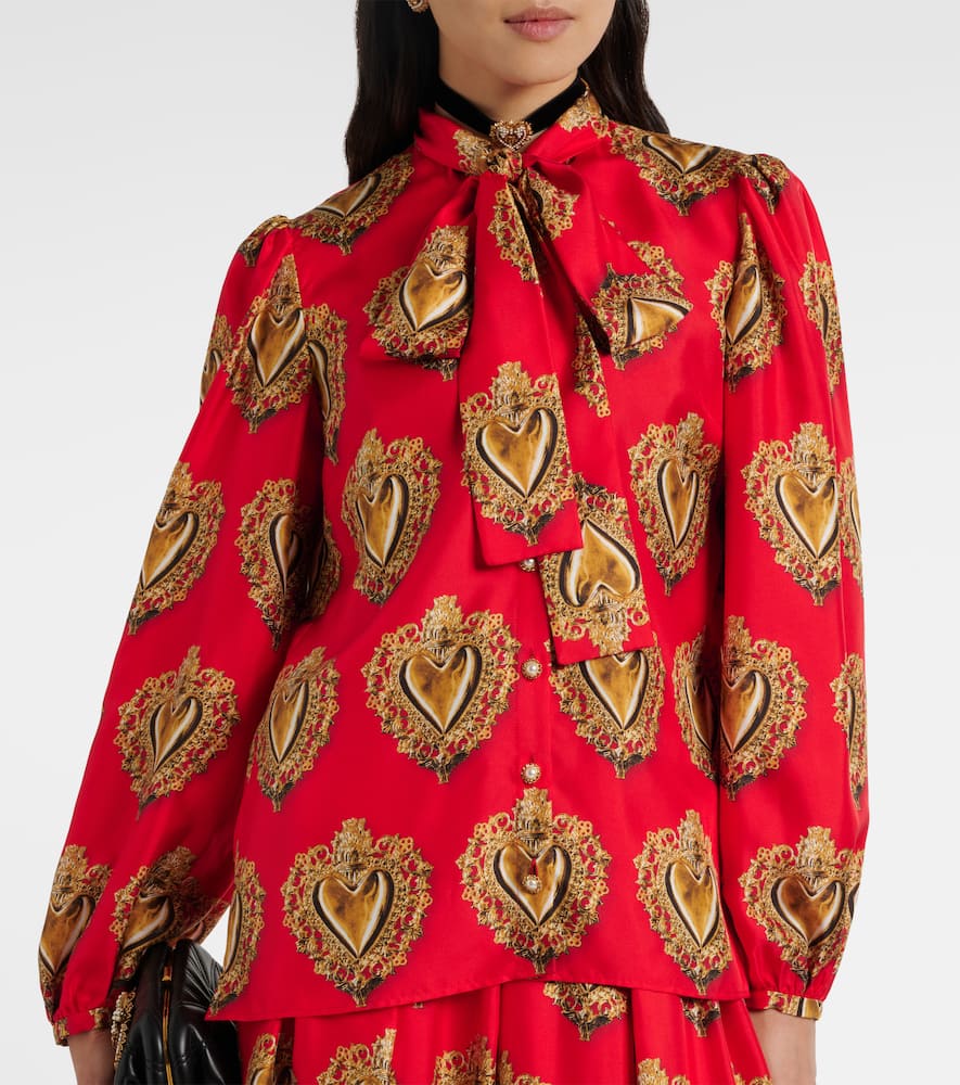 Printed tie-neck silk blouse