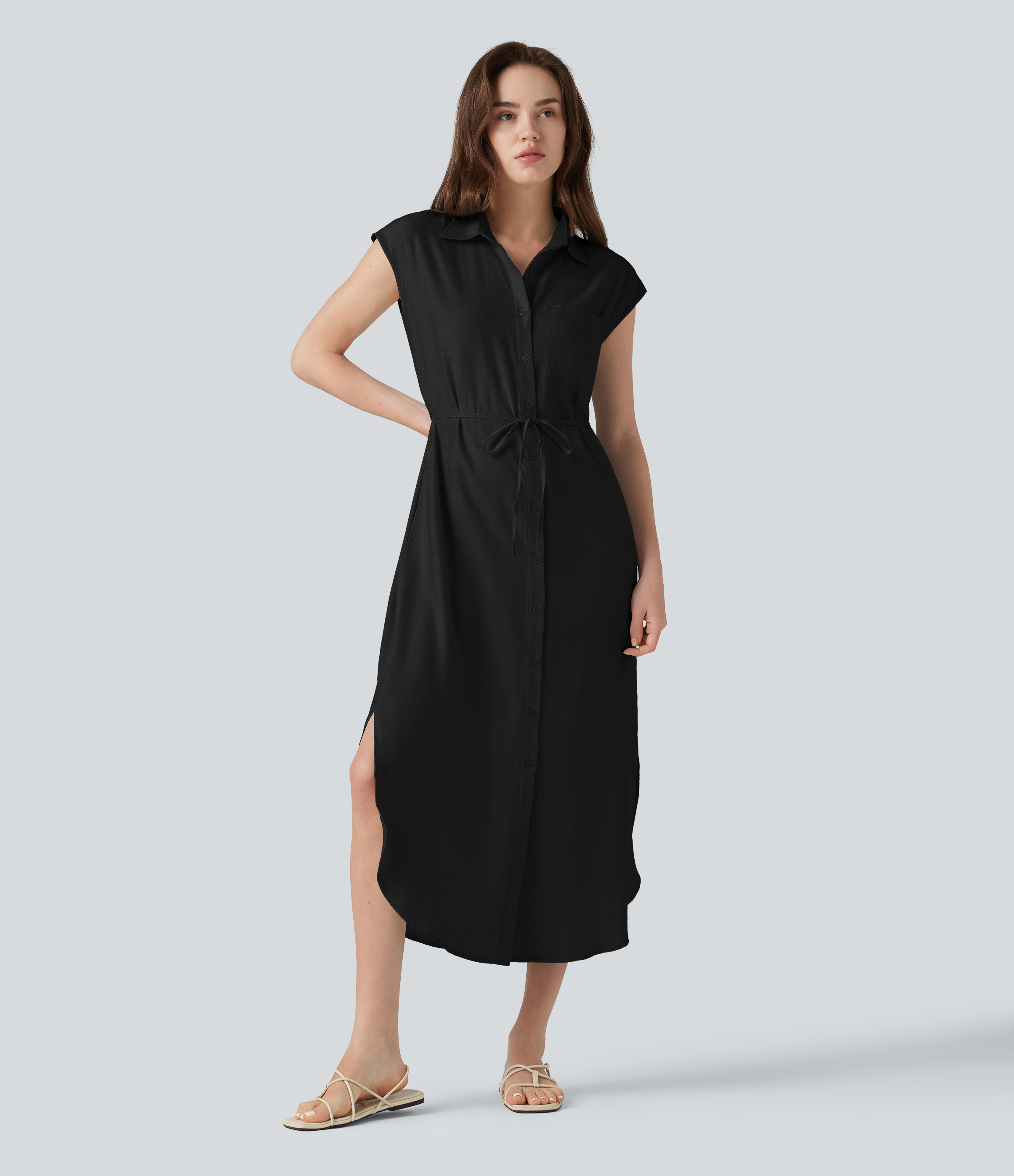 Halara Collar Cap Sleeve Belted Curved Split Hem Midi Casual Linen-Blend Shirt Dress with Pockets - Black