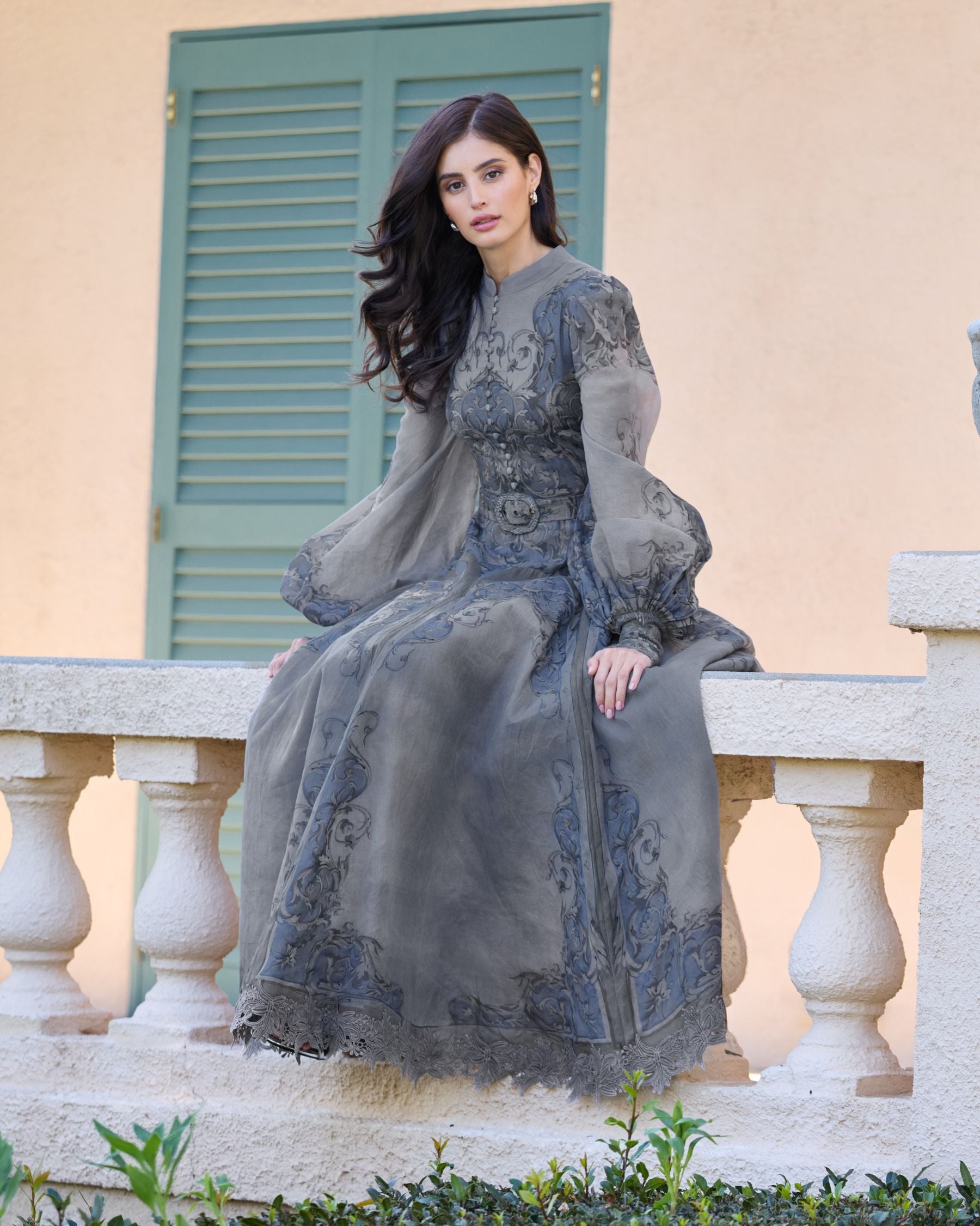 Gray Bishop Sleeve Printed Cotton A-Line Dress