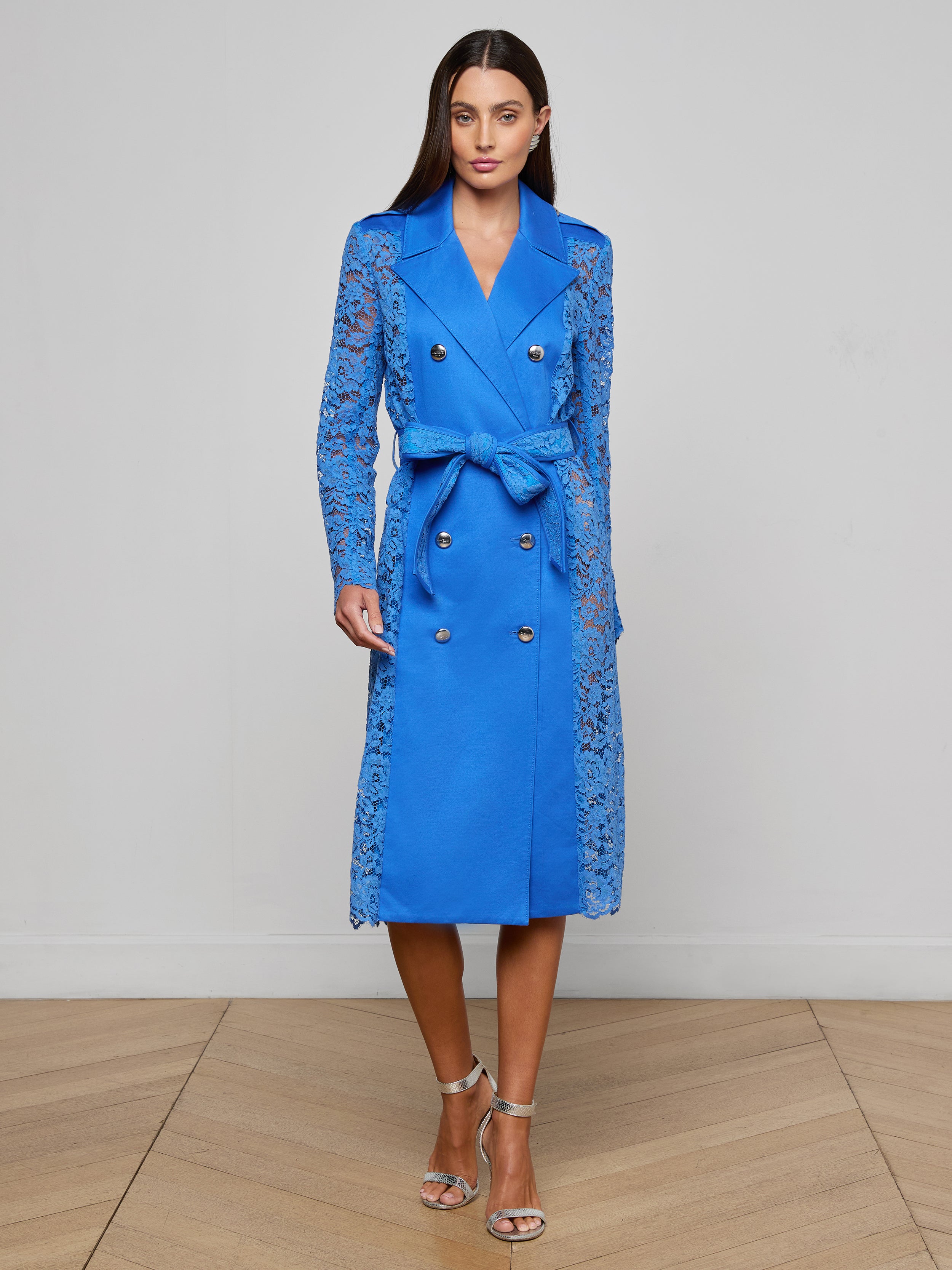 Amata Lace Trench Coat In Regatta Blue