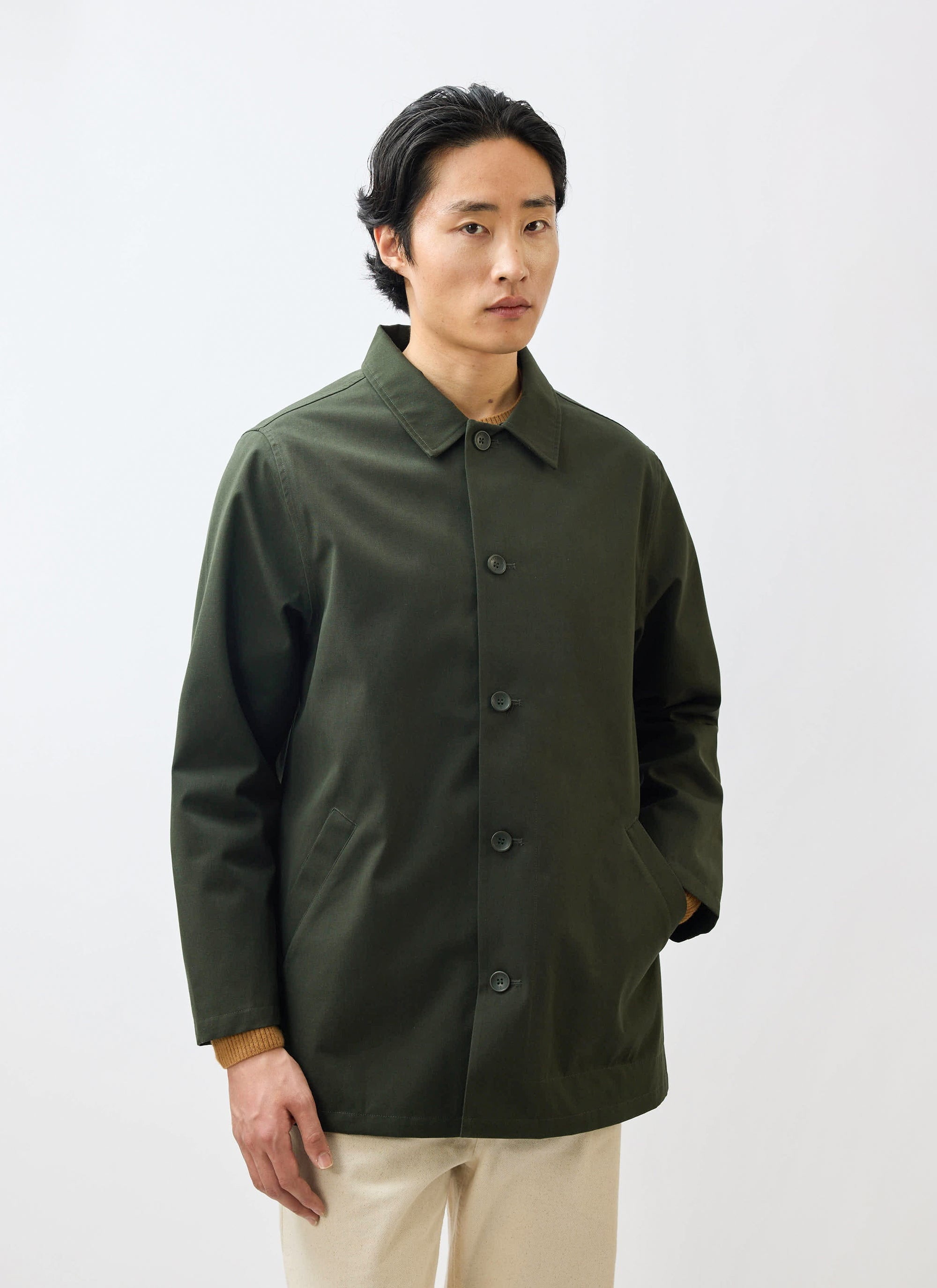 Men's Sherlock Short Trench Coat Waterproof Dark Green with Check