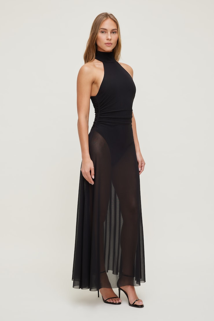 Sheer Mesh Halter Maxi Dress - Black - Women Clothing