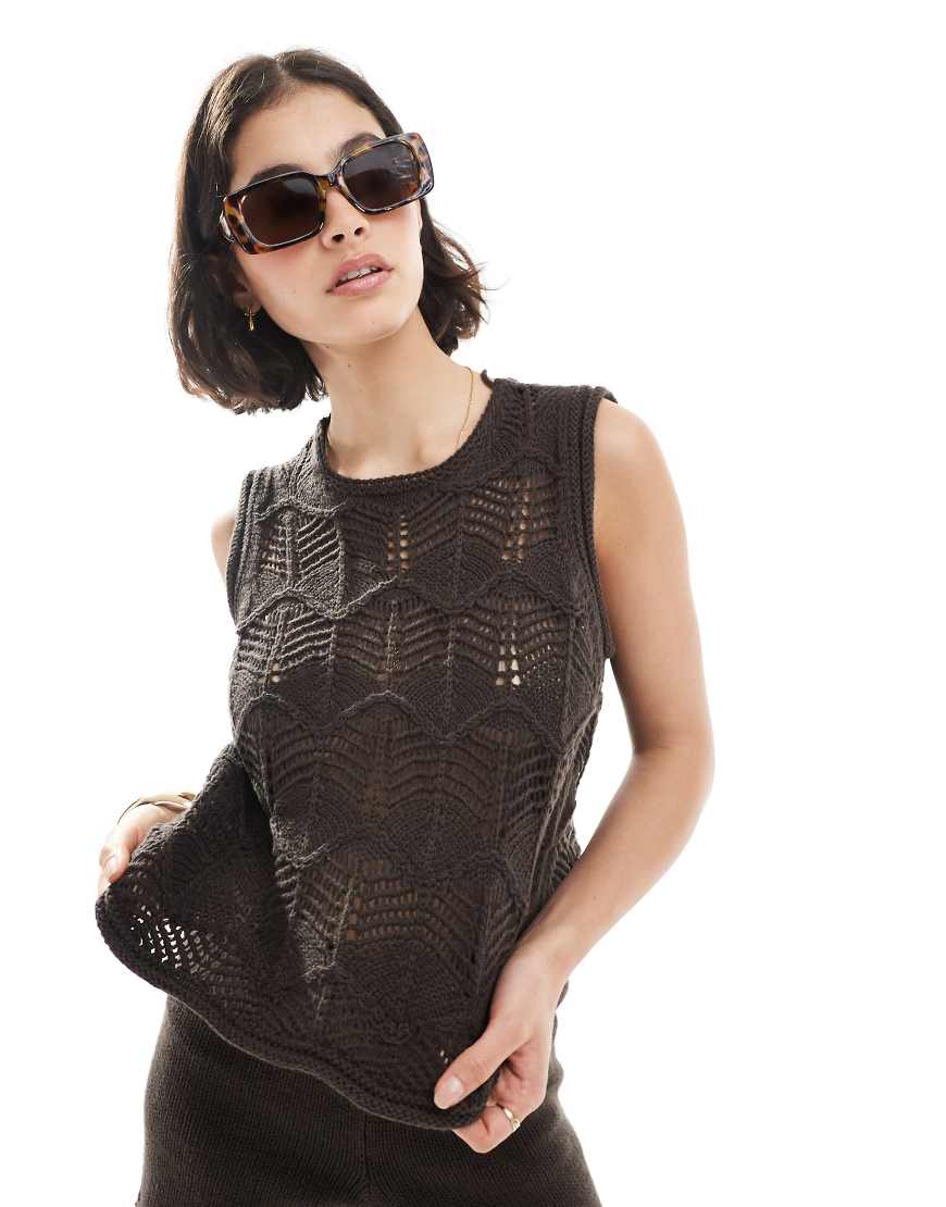 Vero Moda crochet knitted vest top and shorts set in chocolate brown