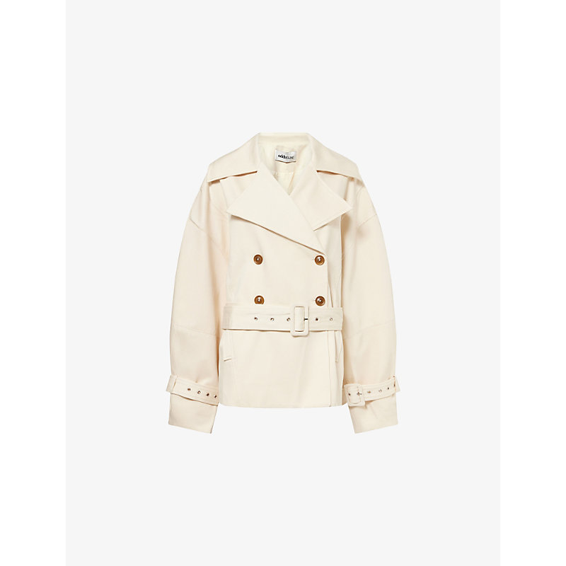 Womens Stone Double-Breasted Removable-Belt Cotton-Blend Trench Jacket
