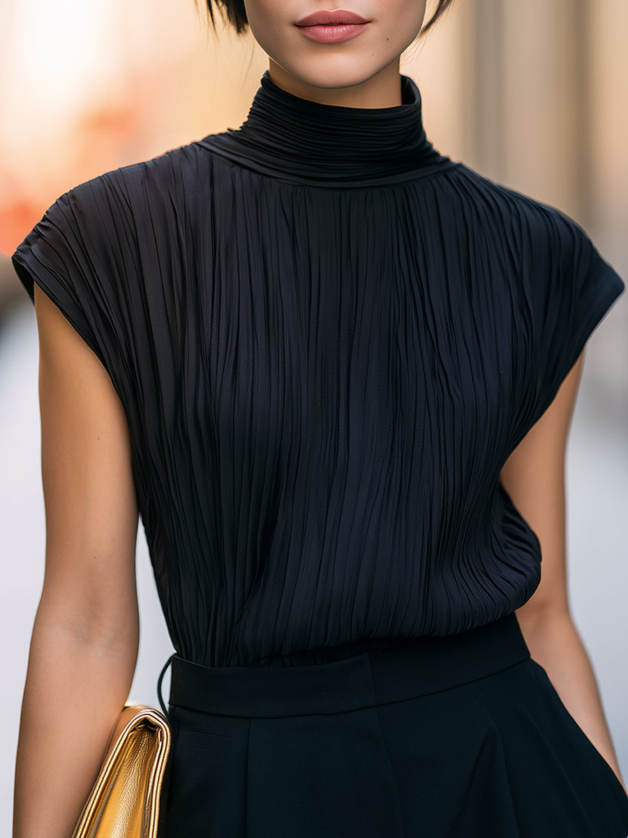 Black Textured High-Neck Pleated Sleeveless Blouse - Black