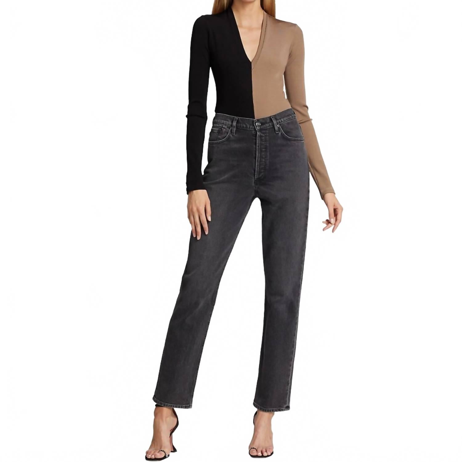Rib Deep V-Neck Bodysuit In Tan/black