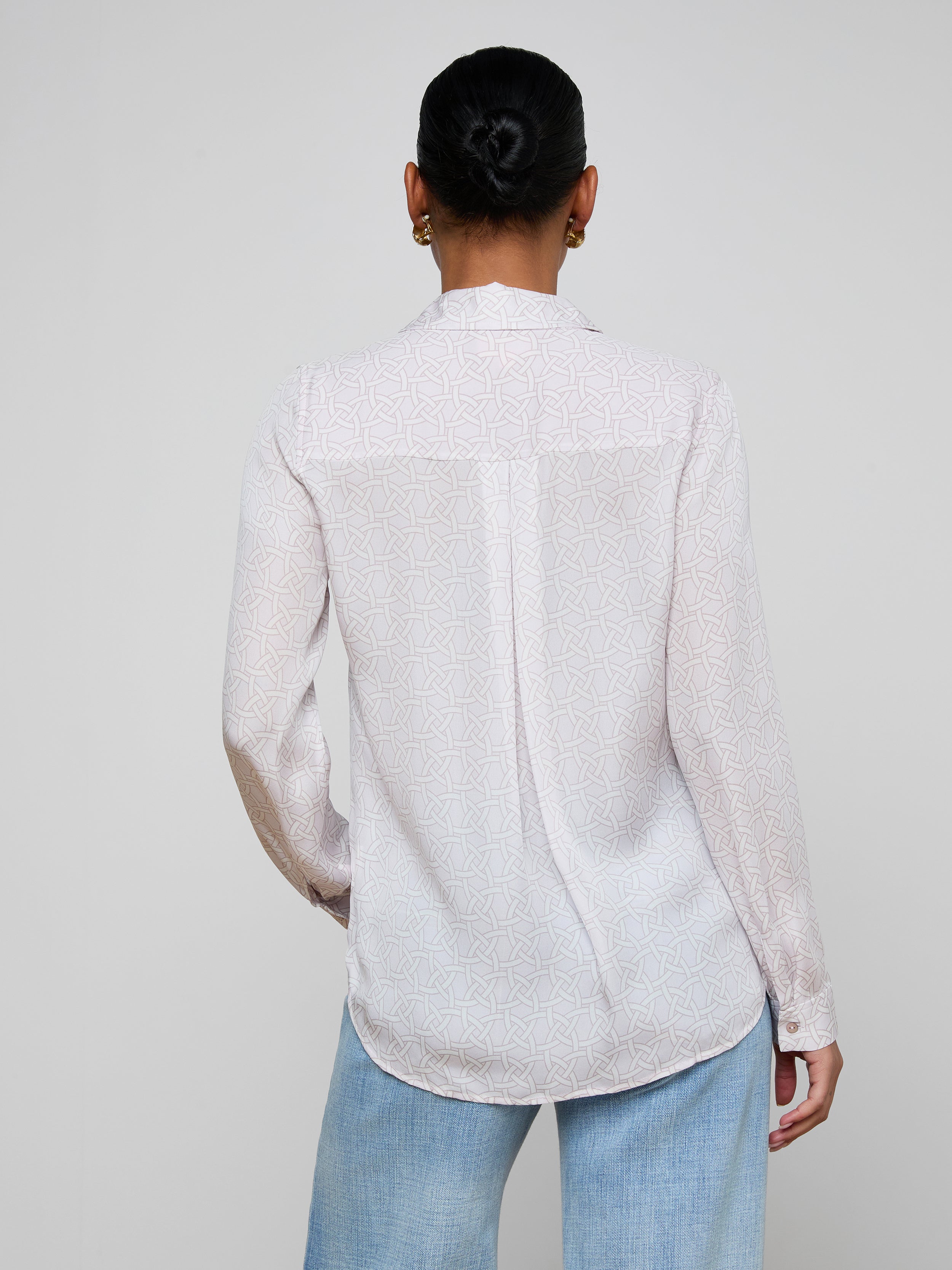 Nina Silk Blouse Top In Icy Lilac Linked Geo