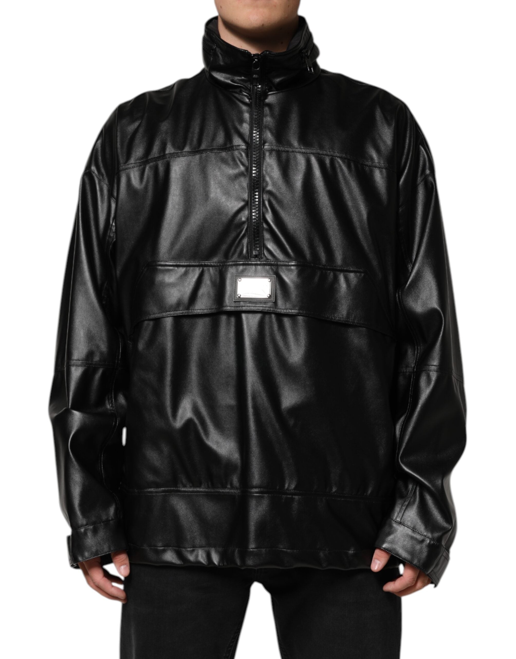Half-Zip Polyester Bomber Jacket — Black