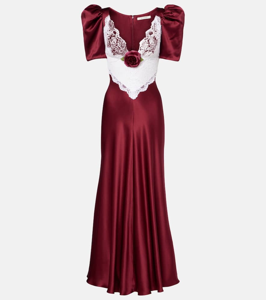 Floral-appliqué lace-trimmed silk gown