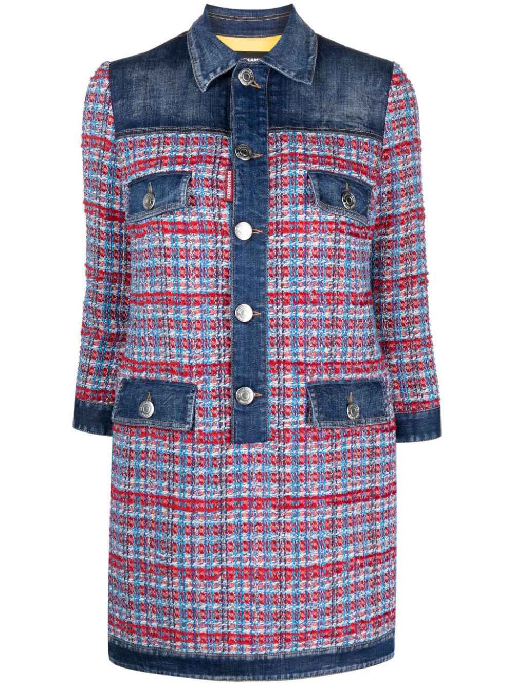 Panelled tweed denim mini dress - Blue