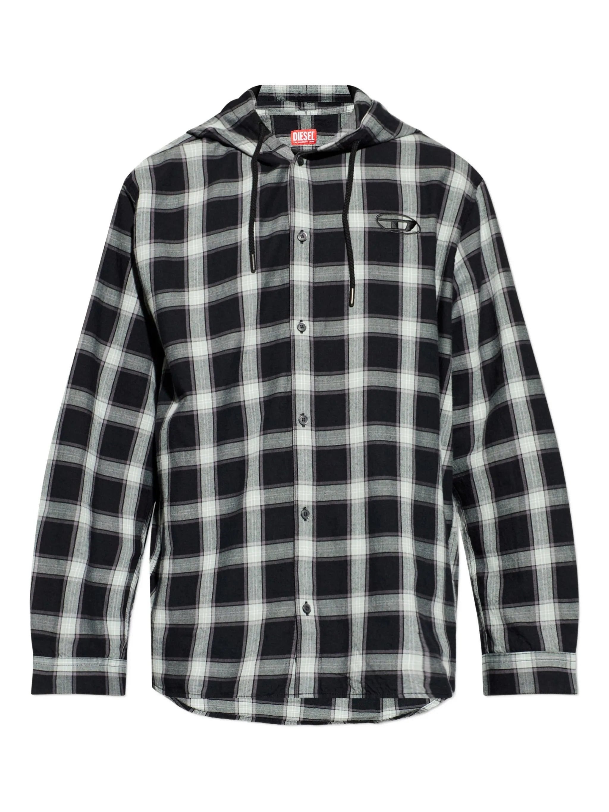 Drawstring Hood Button-Front Shirt Jacket with Logo Detail