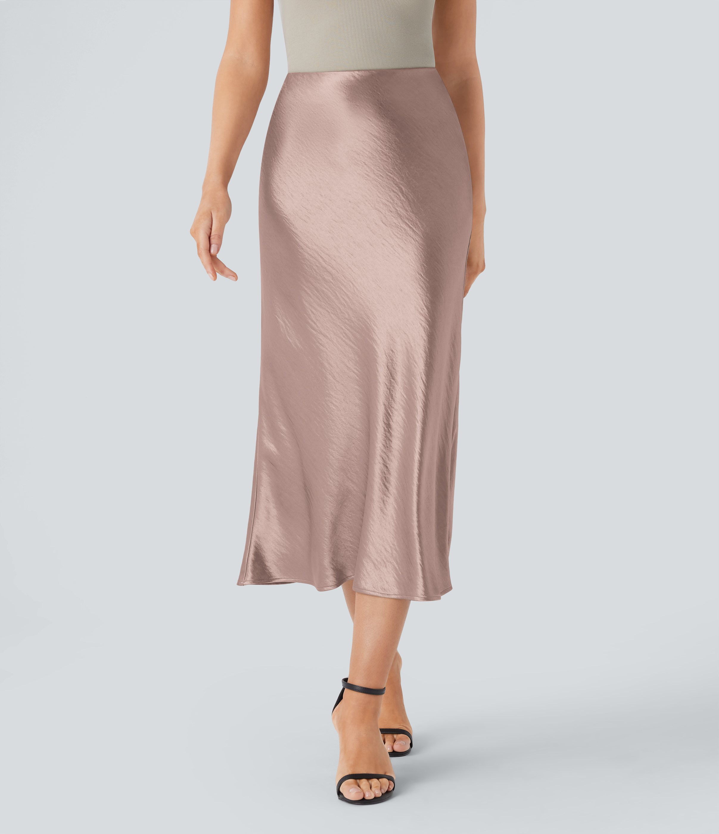 High Waisted Satin Midi Work Mermaid Skirt  - Misty Rose