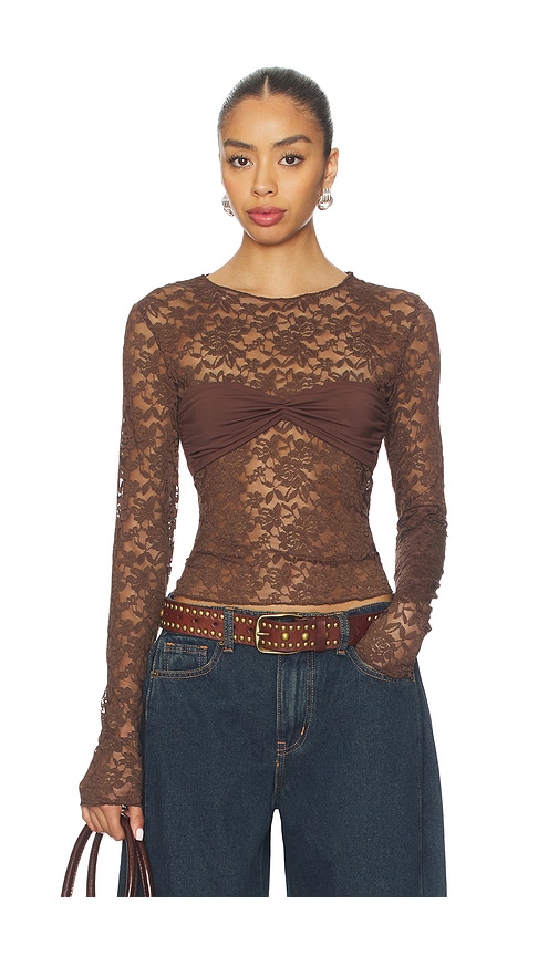 LIONESS Midnight Lace Long Sleeve Top in Chocolate. - M also in L, S, XL