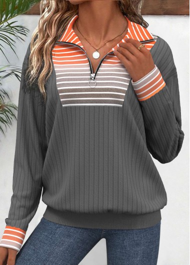 Modlily Orange Patchwork Striped Long Sleeve Turn Down Collar Sweatshirt