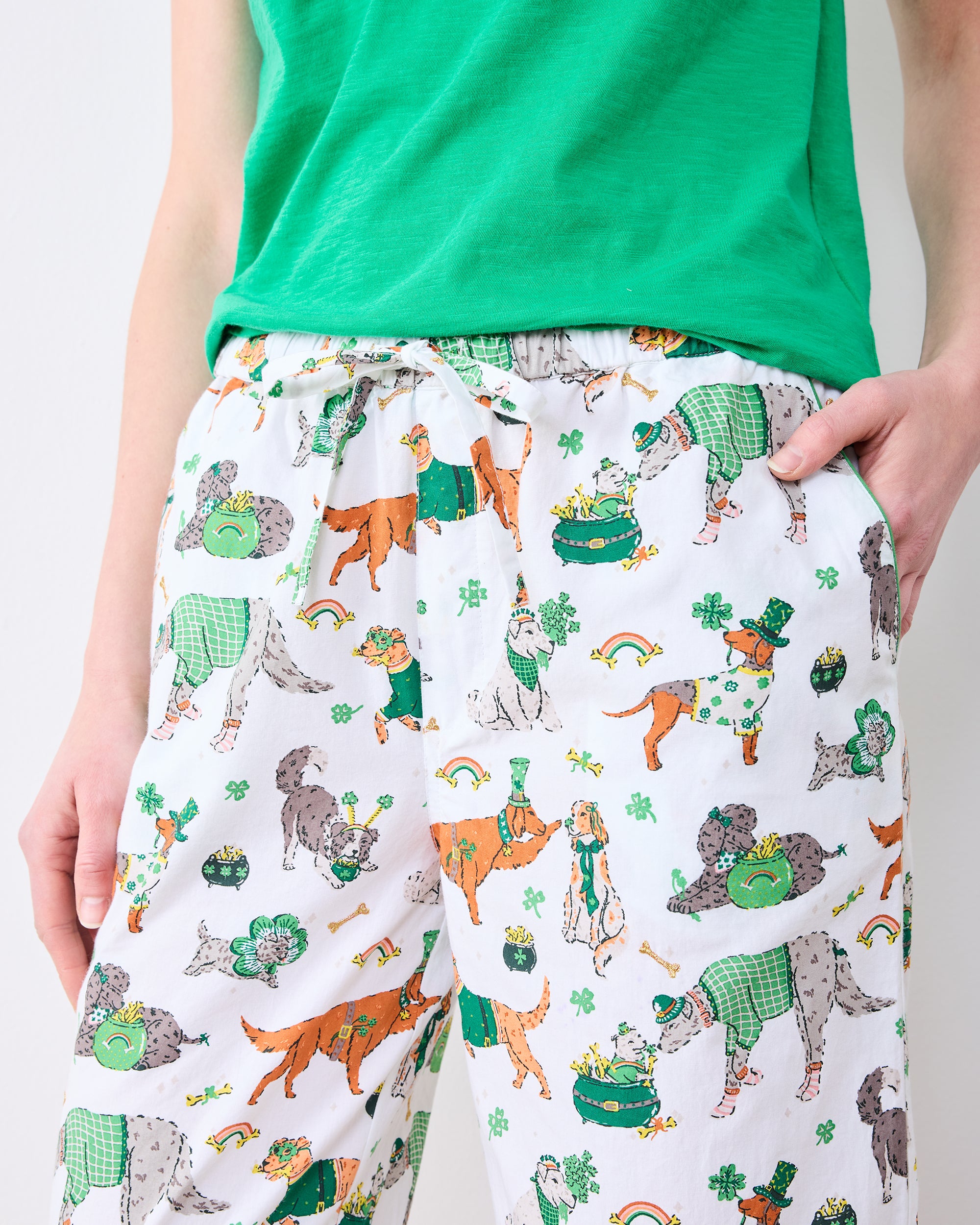 Organic Cotton Pajama Pants in Lucky Paws | Women's Petite XS/P | White St. Patrick's Day | Sleepwear