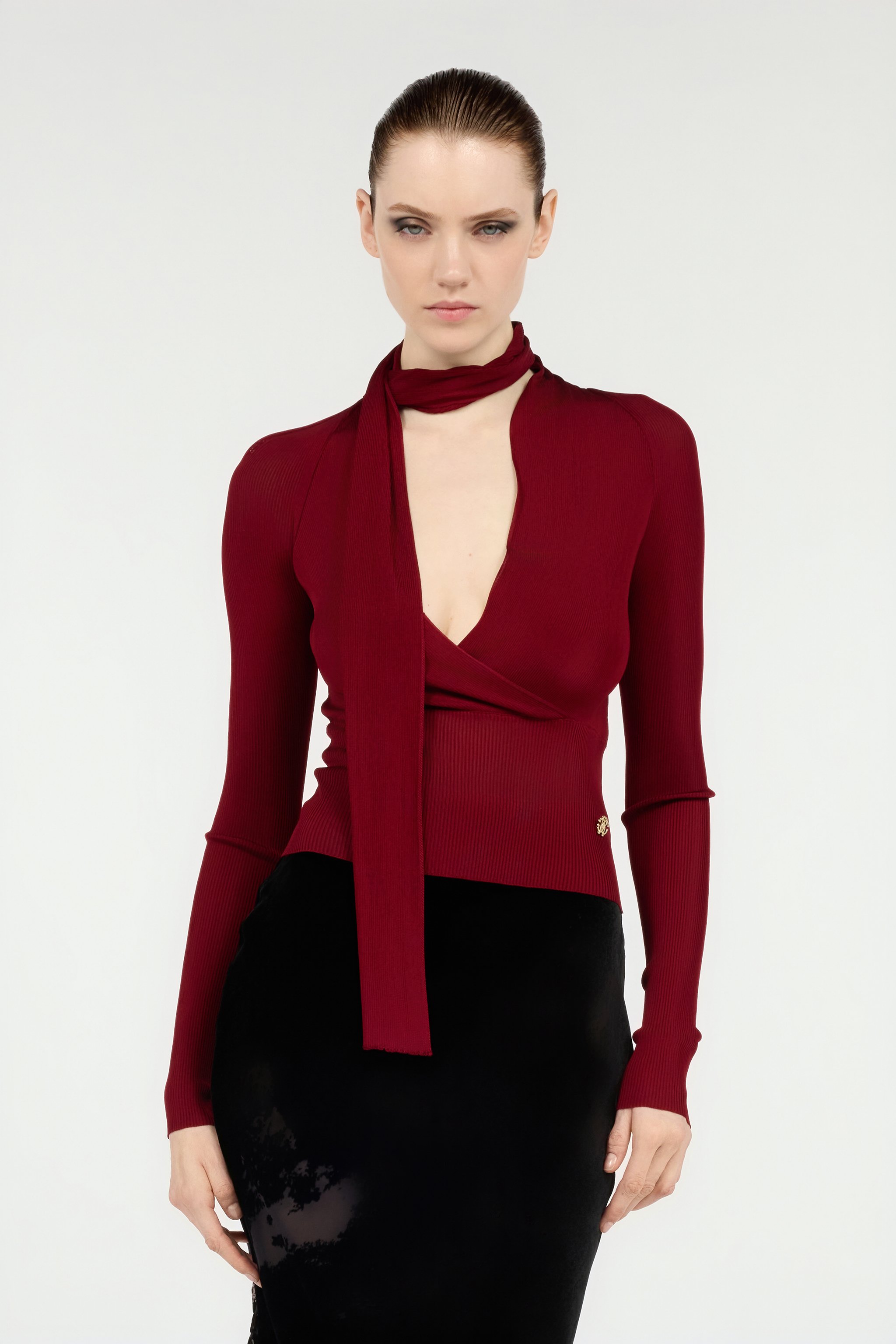 Dark Red Wrap-over Sweater