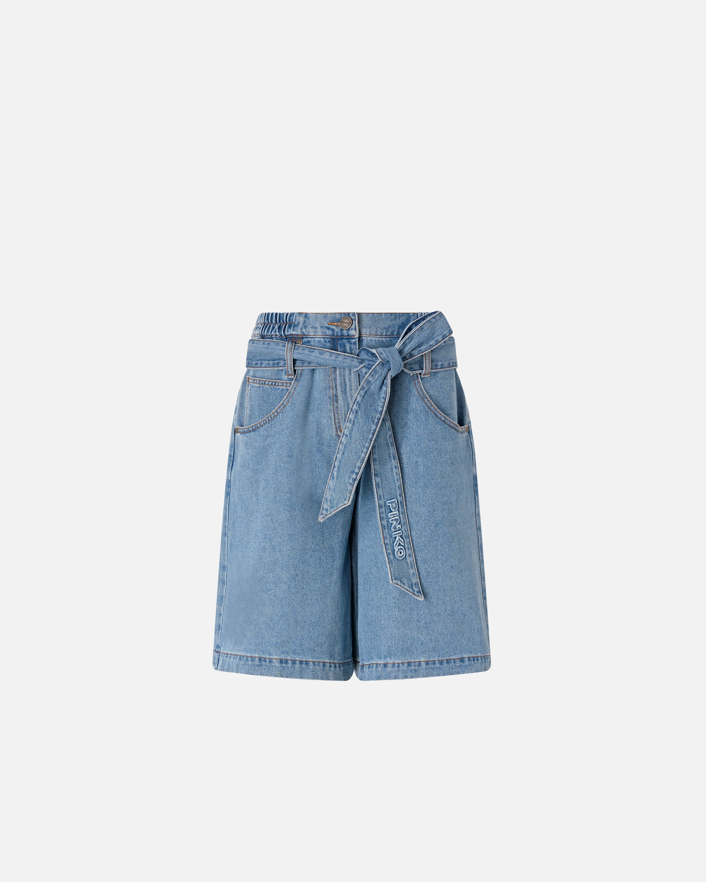 Wide-leg denim Bermuda shorts with belt - 24