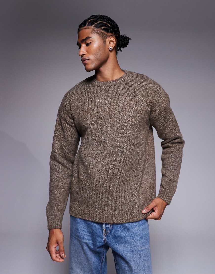 Relaxed knitted crew neck jumper in brown marl