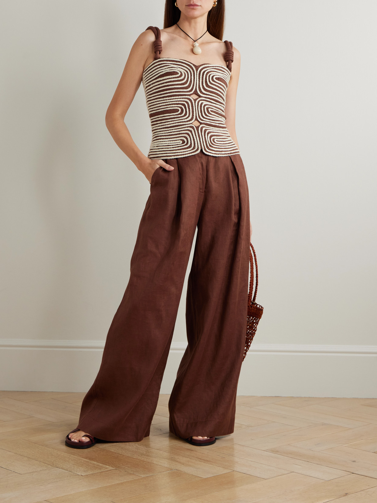 Marea Knotted Embroidered Linen Top - Brown