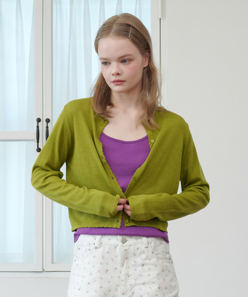 Sheer Scallop Linen Cardigan Olive