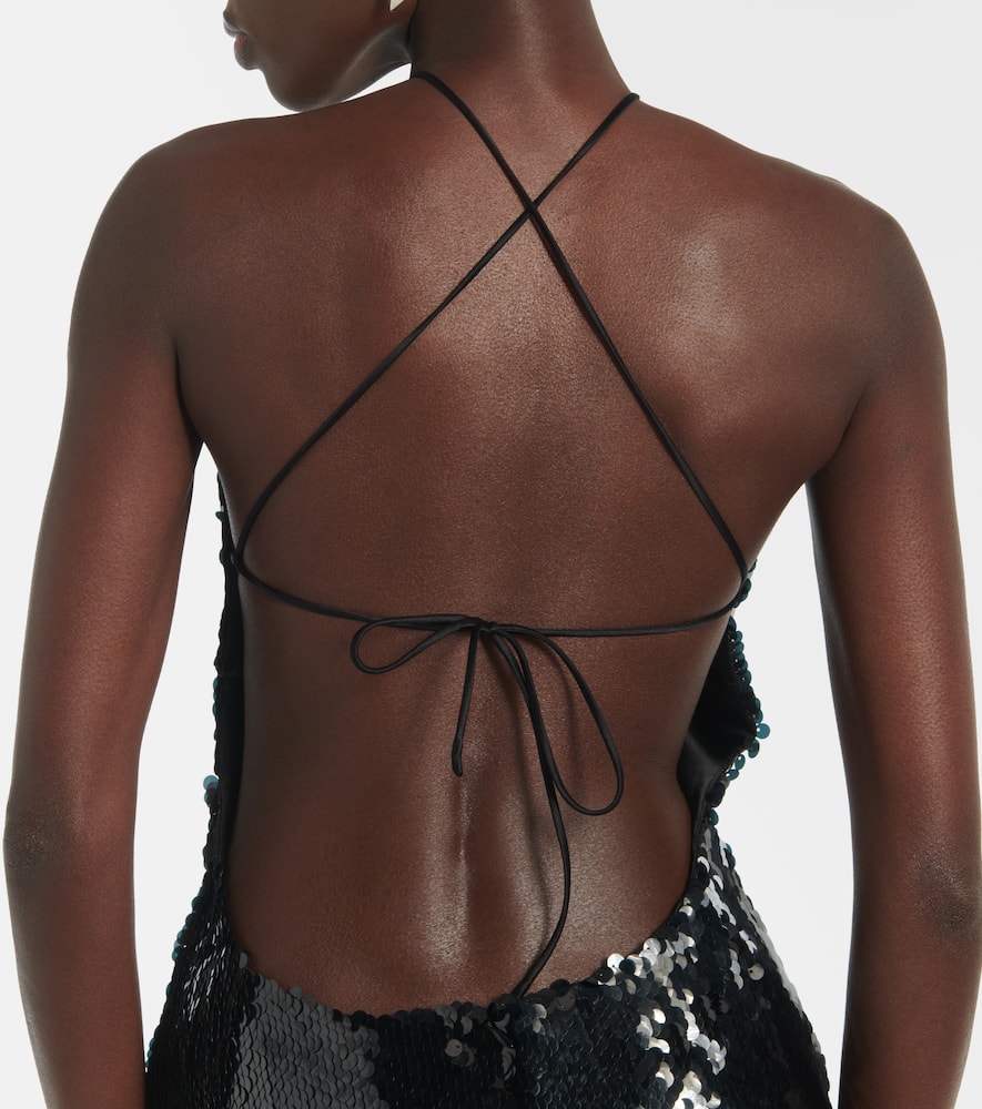 Floral-appliqué sequined minidress