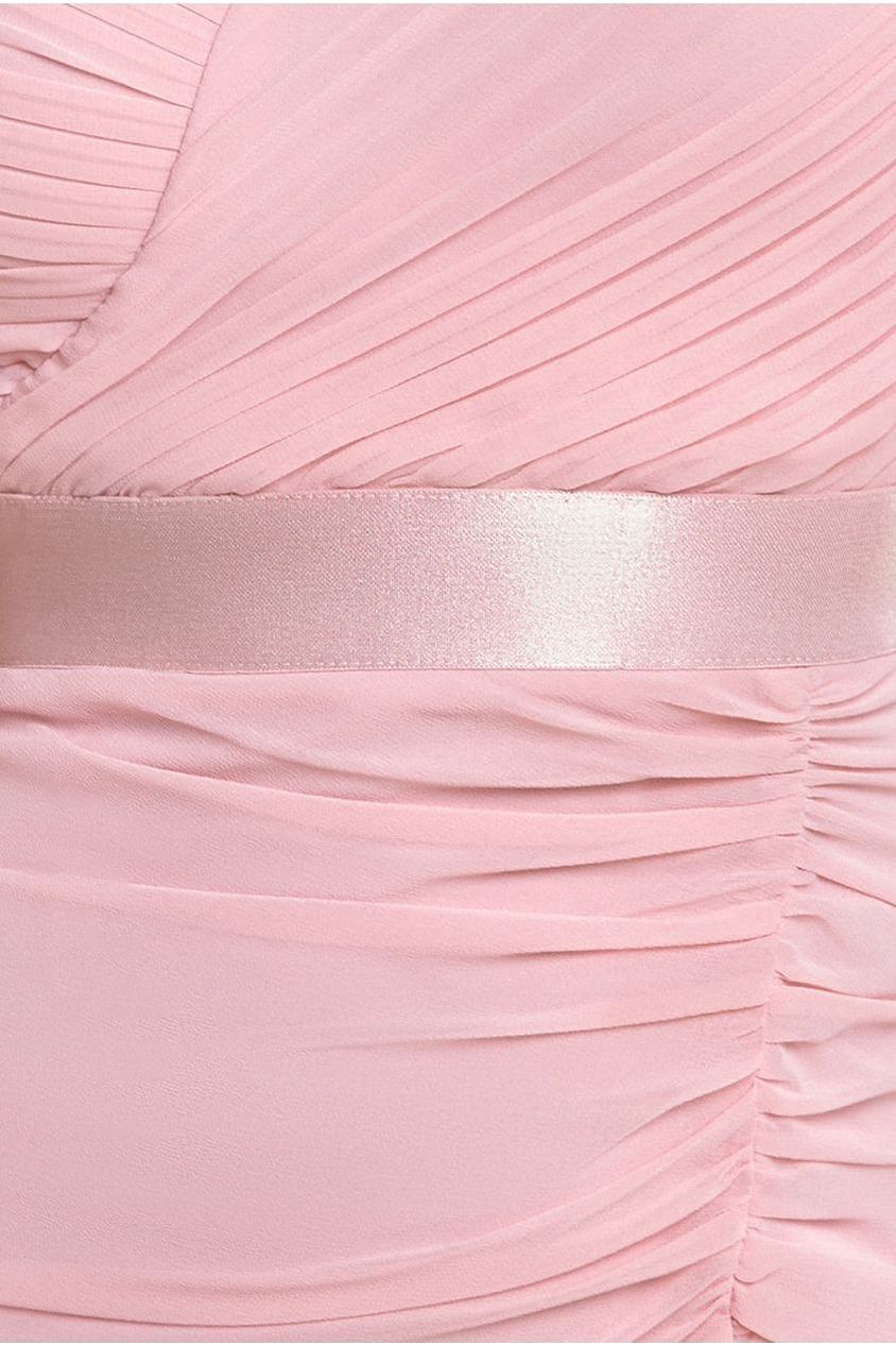 Goddiva Pleated Bardot High Low Tier Chiffon Midaxi Dress - Blush Pink