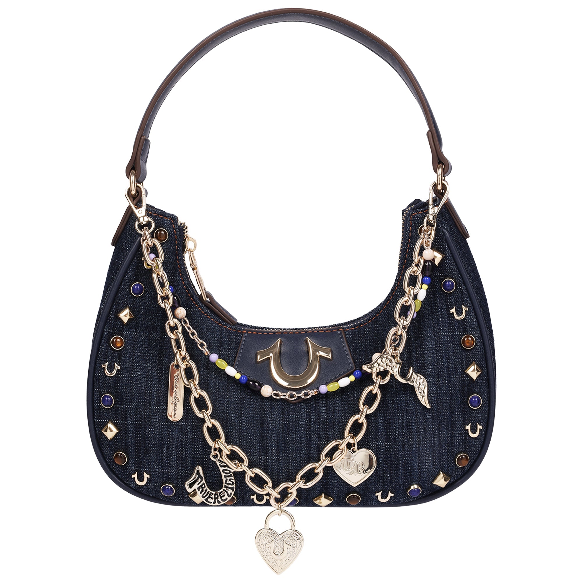 Studded Denim Shoulder Bag with Removable Charm Chain