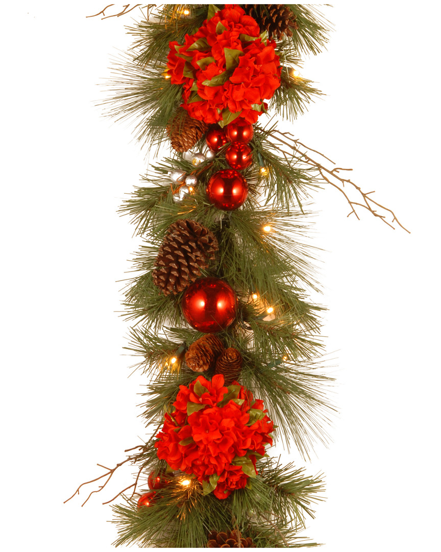 National Tree 9ft "Decorative" Hydrangea Garland with Battery Operated Warm White LED Lights