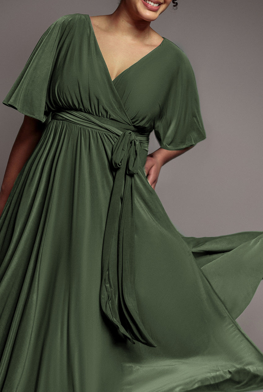 Goddiva Plus Wrap Front Maxi With Flutter Sleeves - Olive Green
