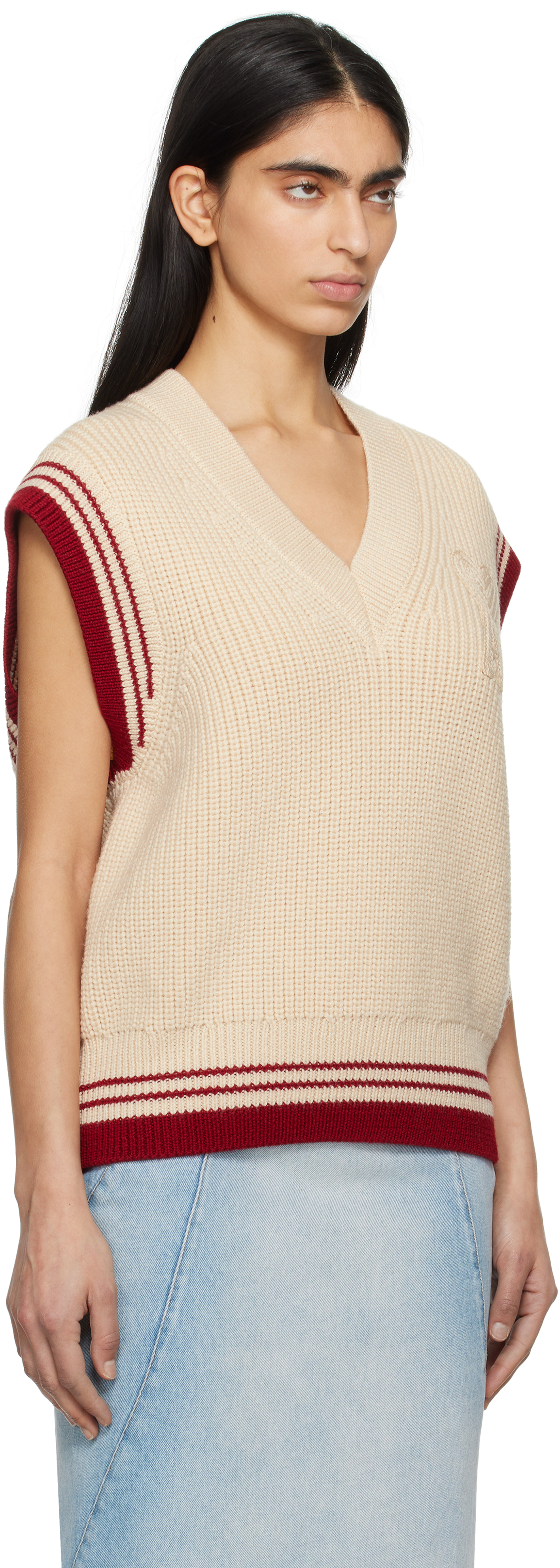 AMI Paris Beige Wool Ribbed Sleeveless V Neck Vest
