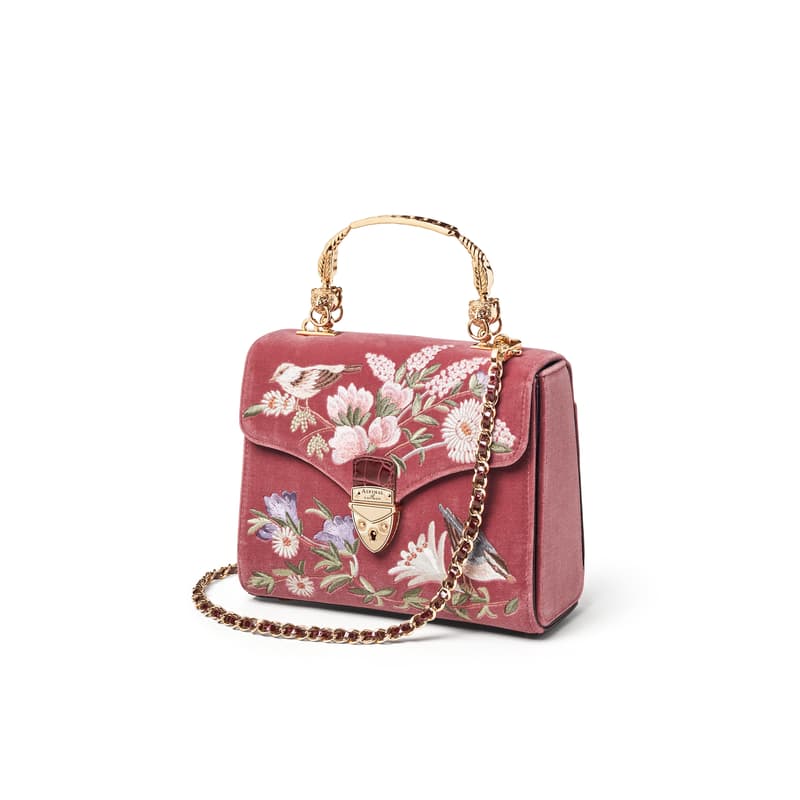 Midi Mayfair Embroidered Bag in English Garden Bird Hand Embroidery on Velvet