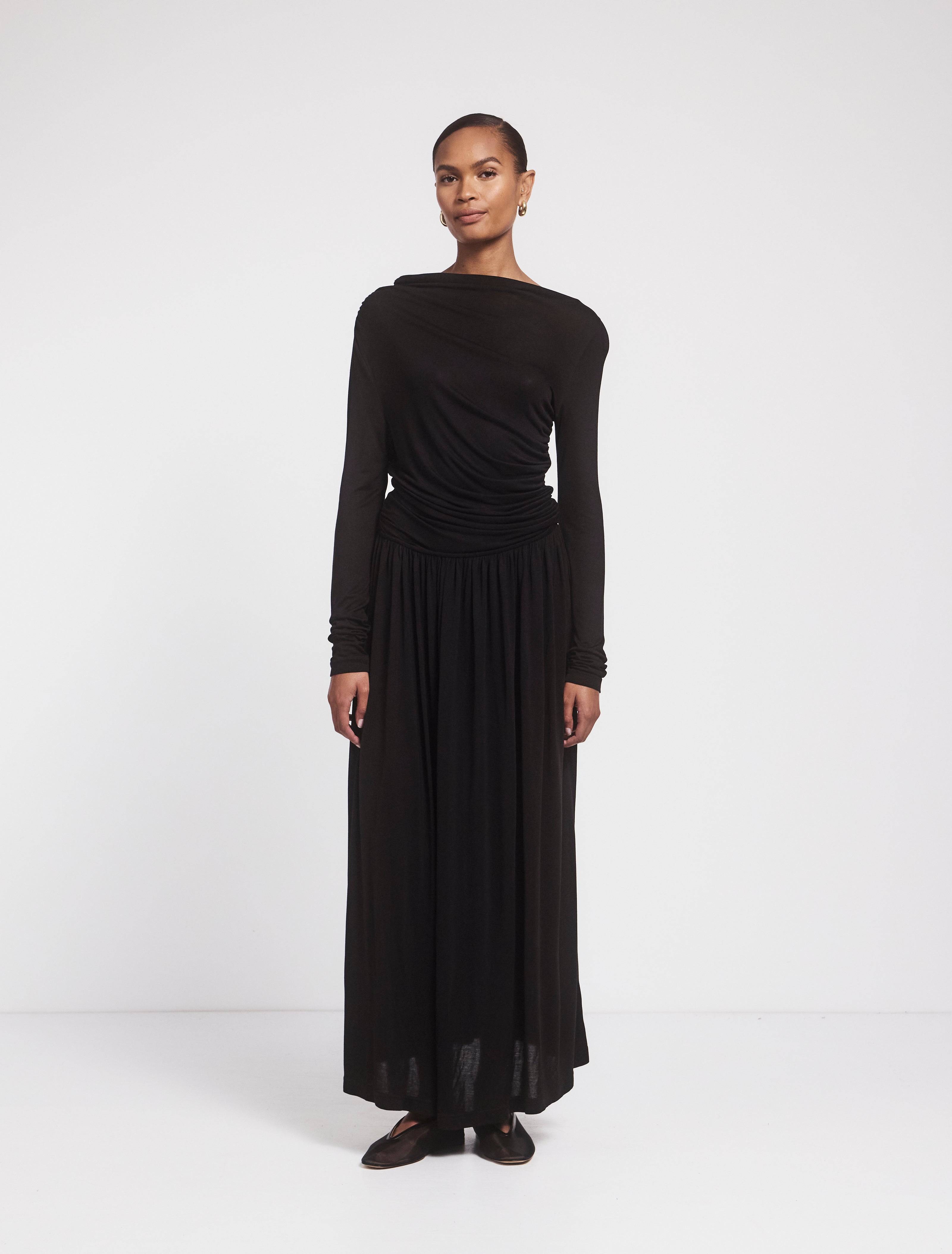 Romy Long Sleeve Draped Dress in Black - MicroModal