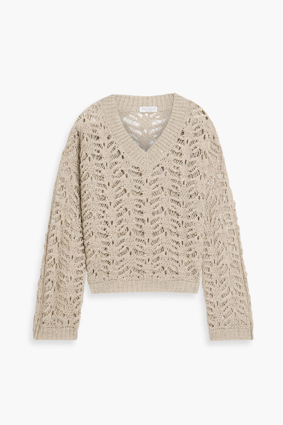 Sequin-embellished crochet-knit linen-blend sweater - Neutral - L