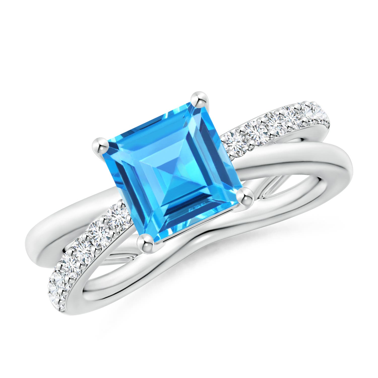 Angara 2.2 Carats Square Swiss Blue Topaz Crossover Shank Ring with Diamonds in Platinum