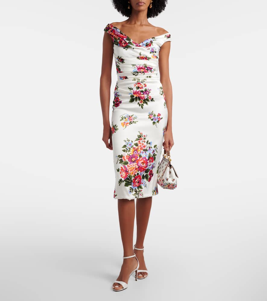 Draped floral satin midi dress