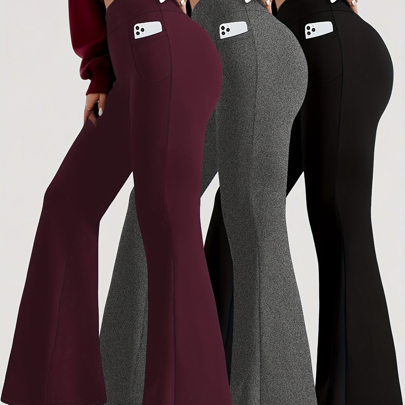 TEMU 3 Pack Women's High Waisted Tummy Control Yoga Leggings - Super Soft Bootcut Flare Pants With Pockets, 4-season Workout Capri/capri-length
