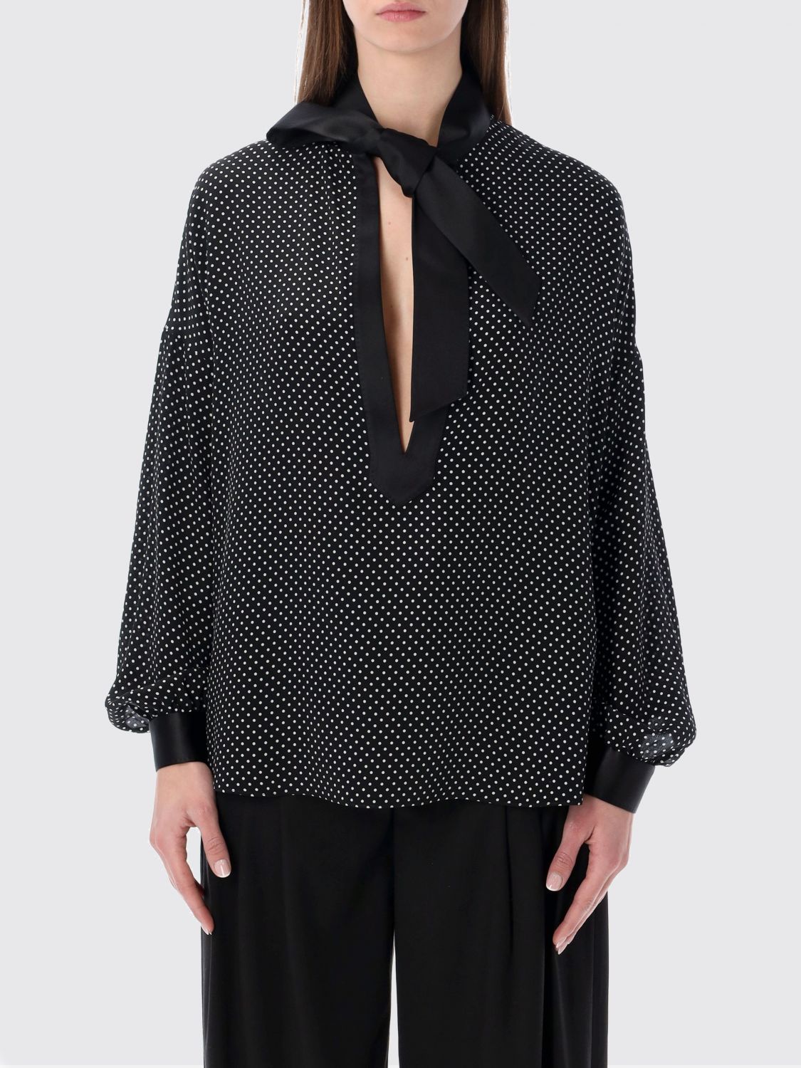 Printed Small Polka Dot Silk Crepe De Chine Lavalliere Tunic Top